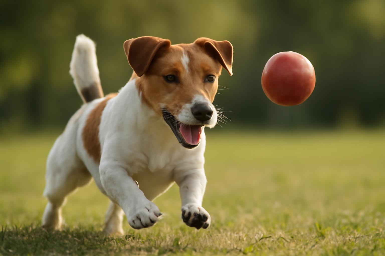Tappancs, a kiskutya boldogan fut a repülő labda után a parkban.