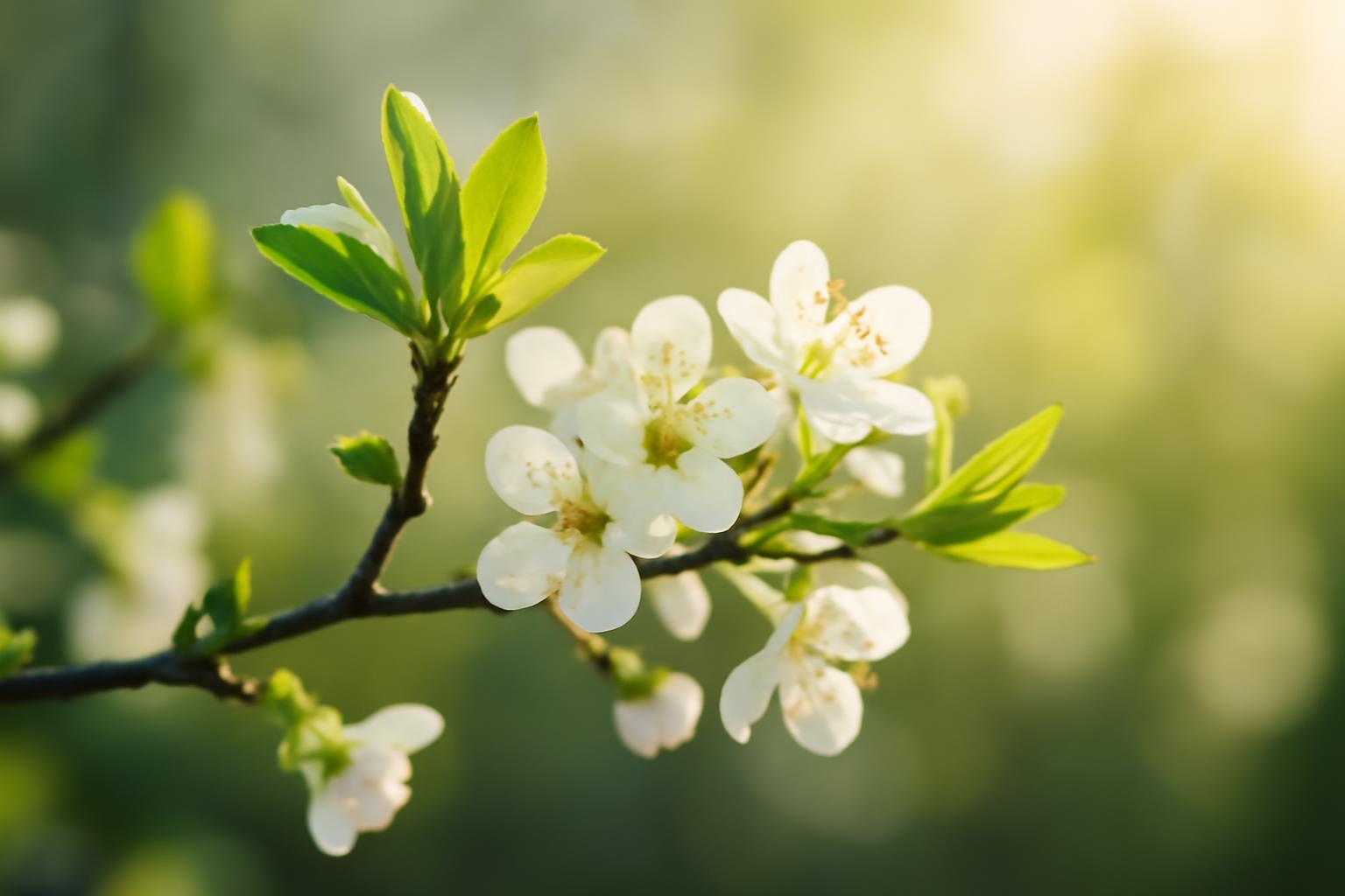 Friss, virágzó ág, fehér virágokkal és zöld levelekkel, a tavasz érkezését jelzi.