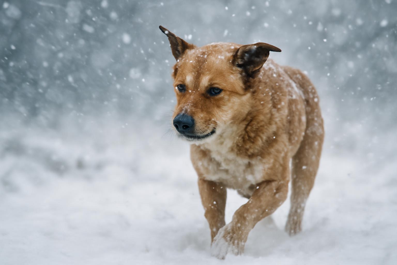 Egy bátor kutya fut a hóviharban, hűségesen keresve gazdáját.