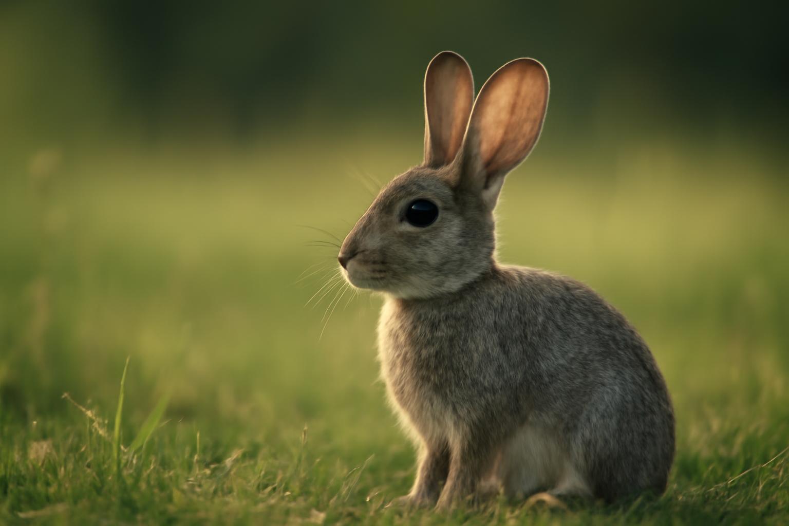 Egy nyúl ül a zöld fűben, csendesen figyelve a környezetét.