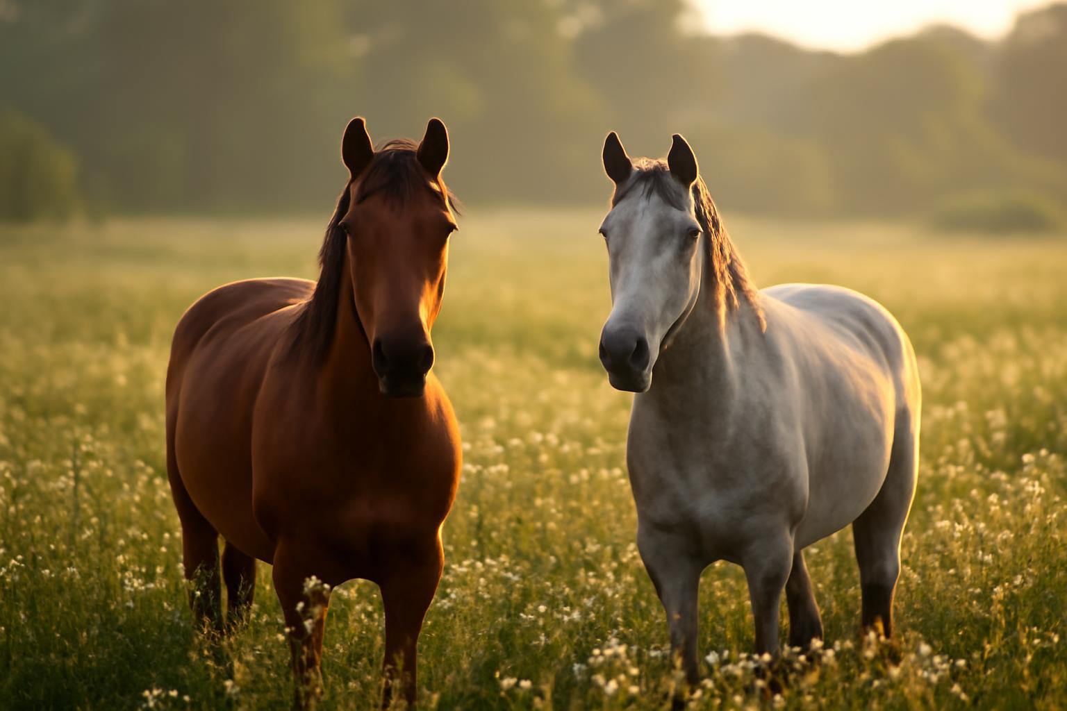 Két ló áll a csillámló réten, a napfényben ragyogó fű között.