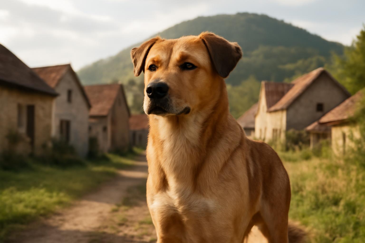 Egy bátor kutya áll a faluban, háttérben házak és hegyek.