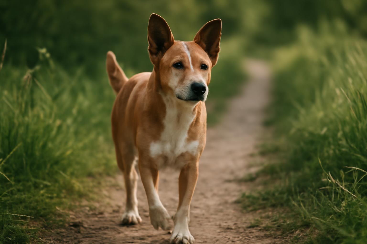 Egy hűséges kutya sétál a zöld fűben, az ösvény mentén.