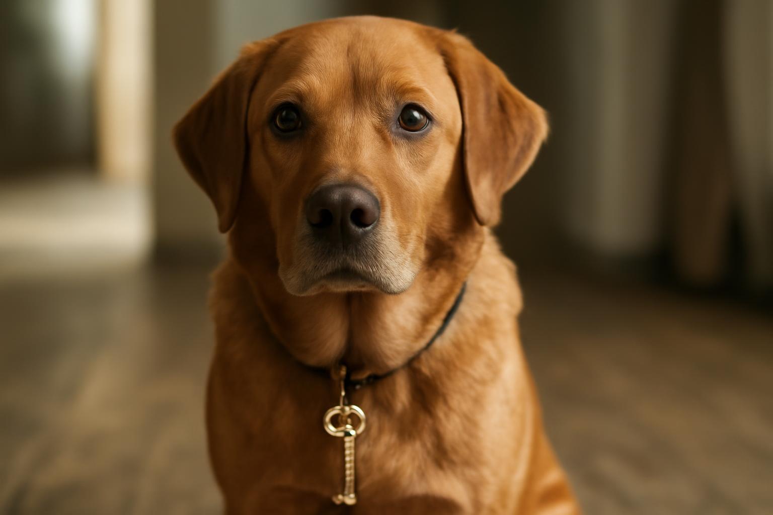 Egy hűséges kutya, arany kulccsal a nyakában, figyelmesen néz a kamerába.