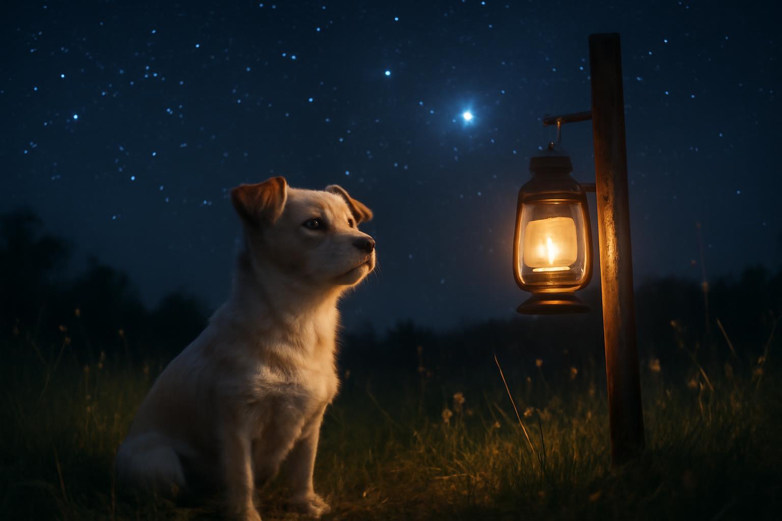 Egy kis kutya ül a fűben, mellette egy lámpás, csillagos éjszakában.