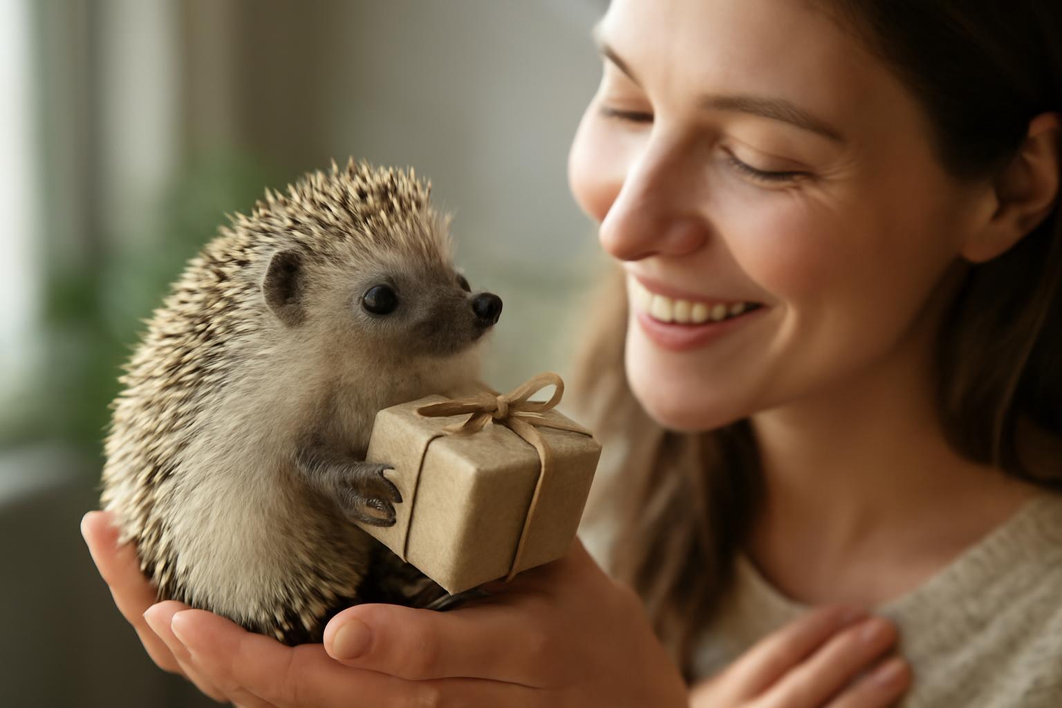 Egy kis sün egy ajándékot tart a kezében, miközben egy nő mosolyogva nézi őt.