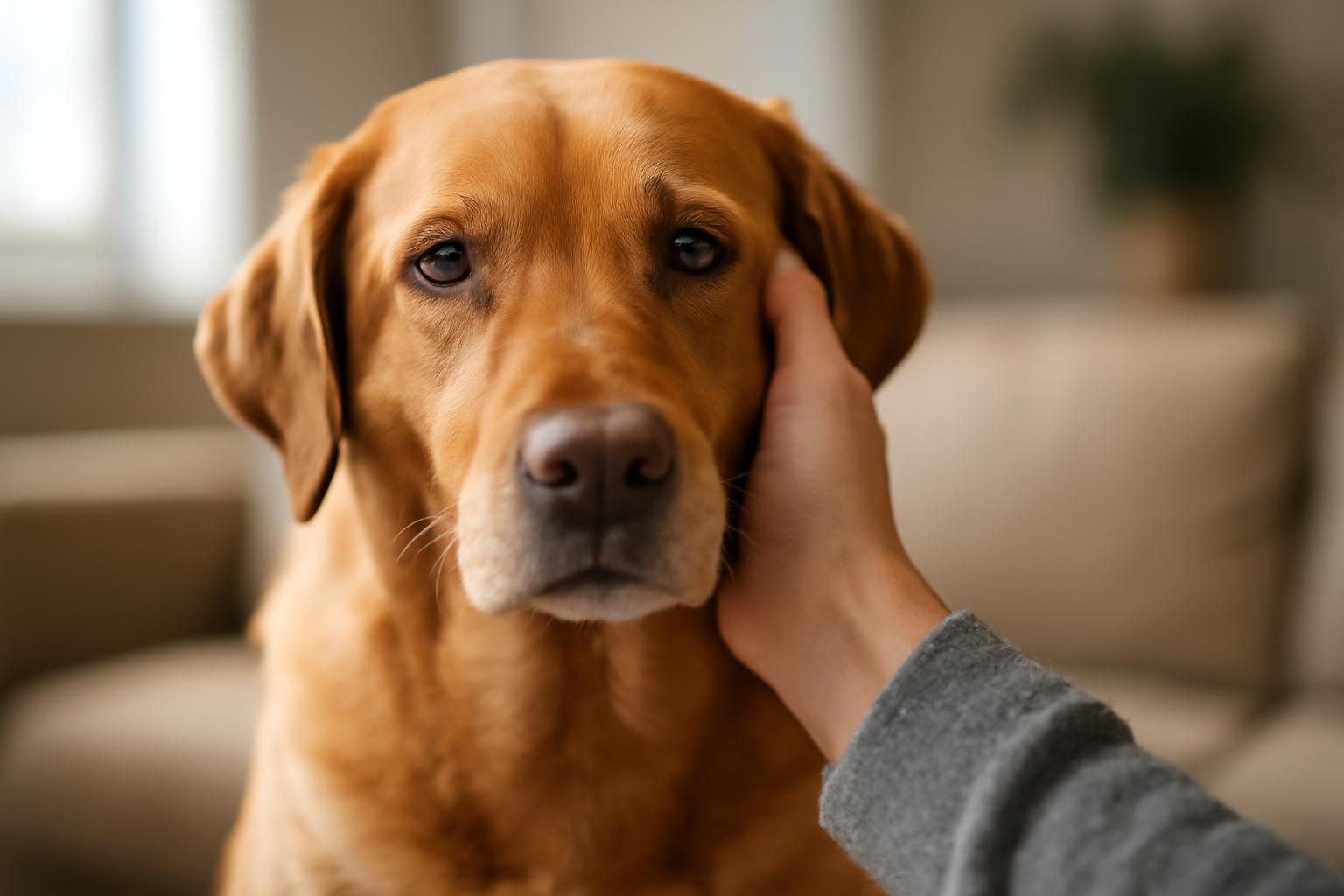 Egy hűséges kutya, aki gazdája kezét érinti, szeretetteljes pillantással néz.