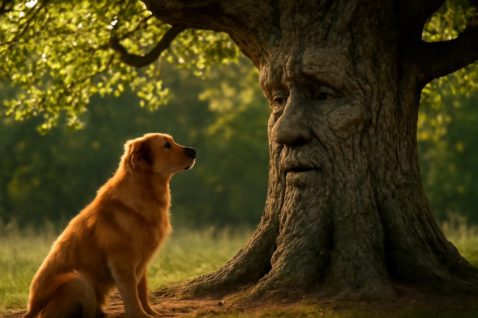 Egy hűséges kutya néz egy varázslatos, beszélő tölgyfára a naplementében.