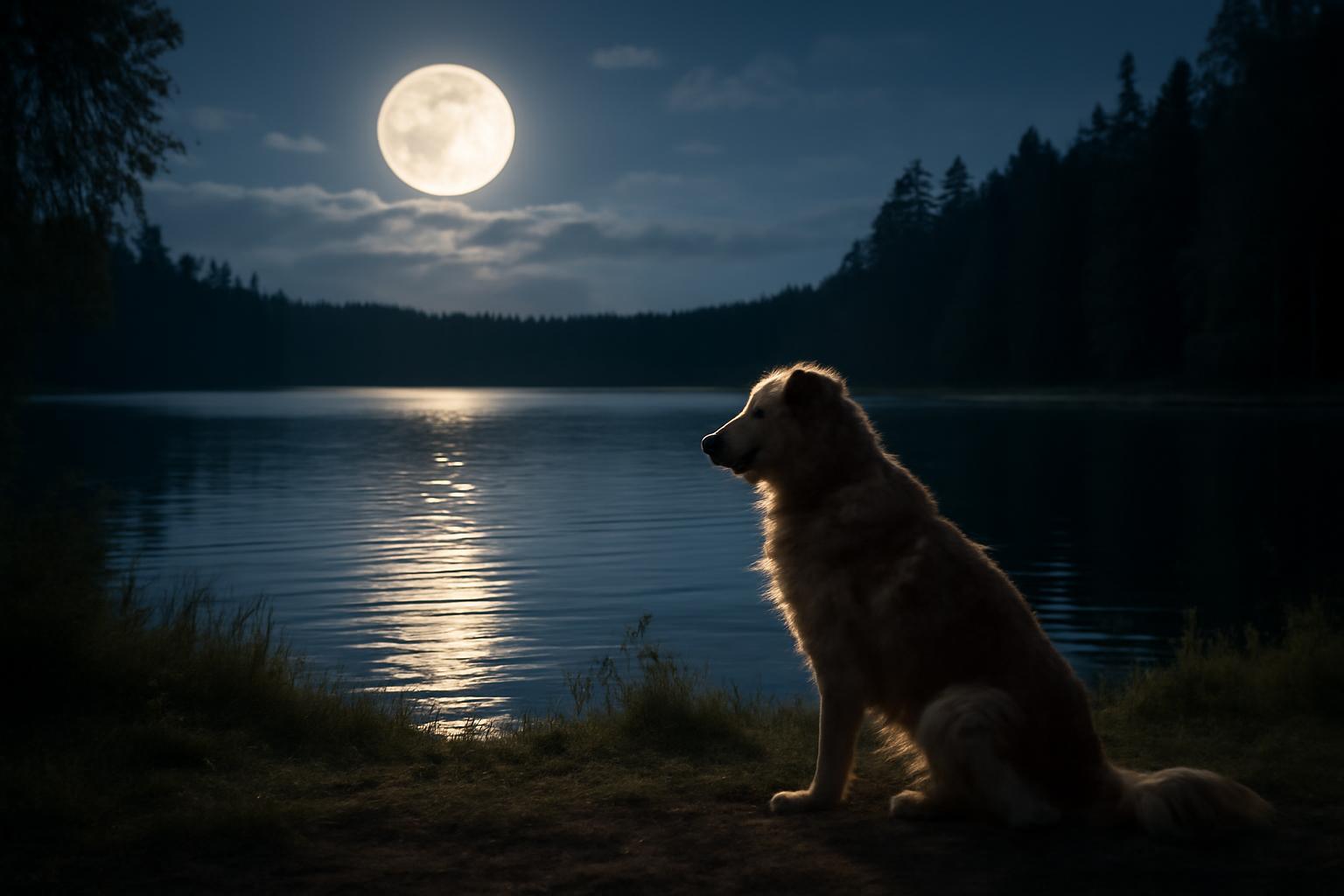 Egy kutya ül a holdfényes tó partján, a víz tükrözi a holdat.