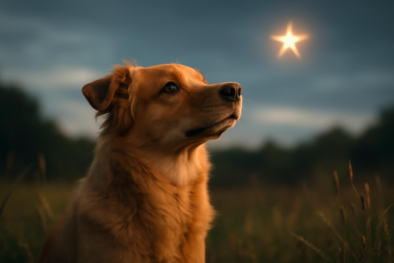 Egy bátor kutya néz a csillag felé egy viharos este.