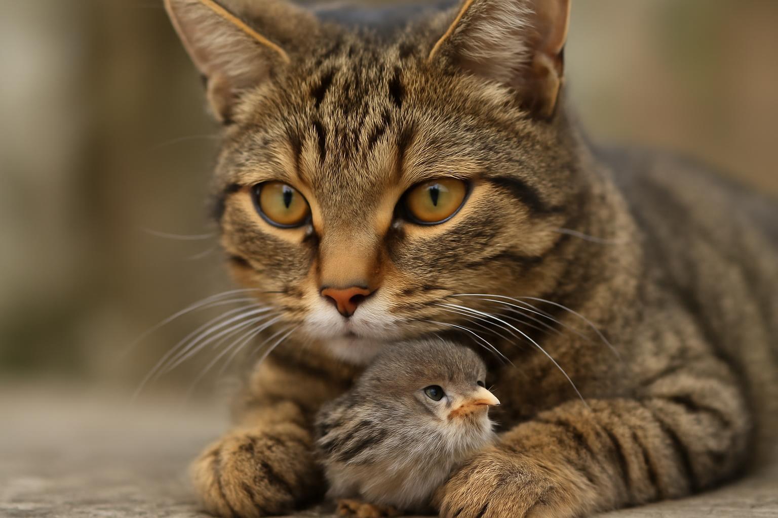 Egy cirmos macska óvatosan közelít egy kis madárhoz a kertben.