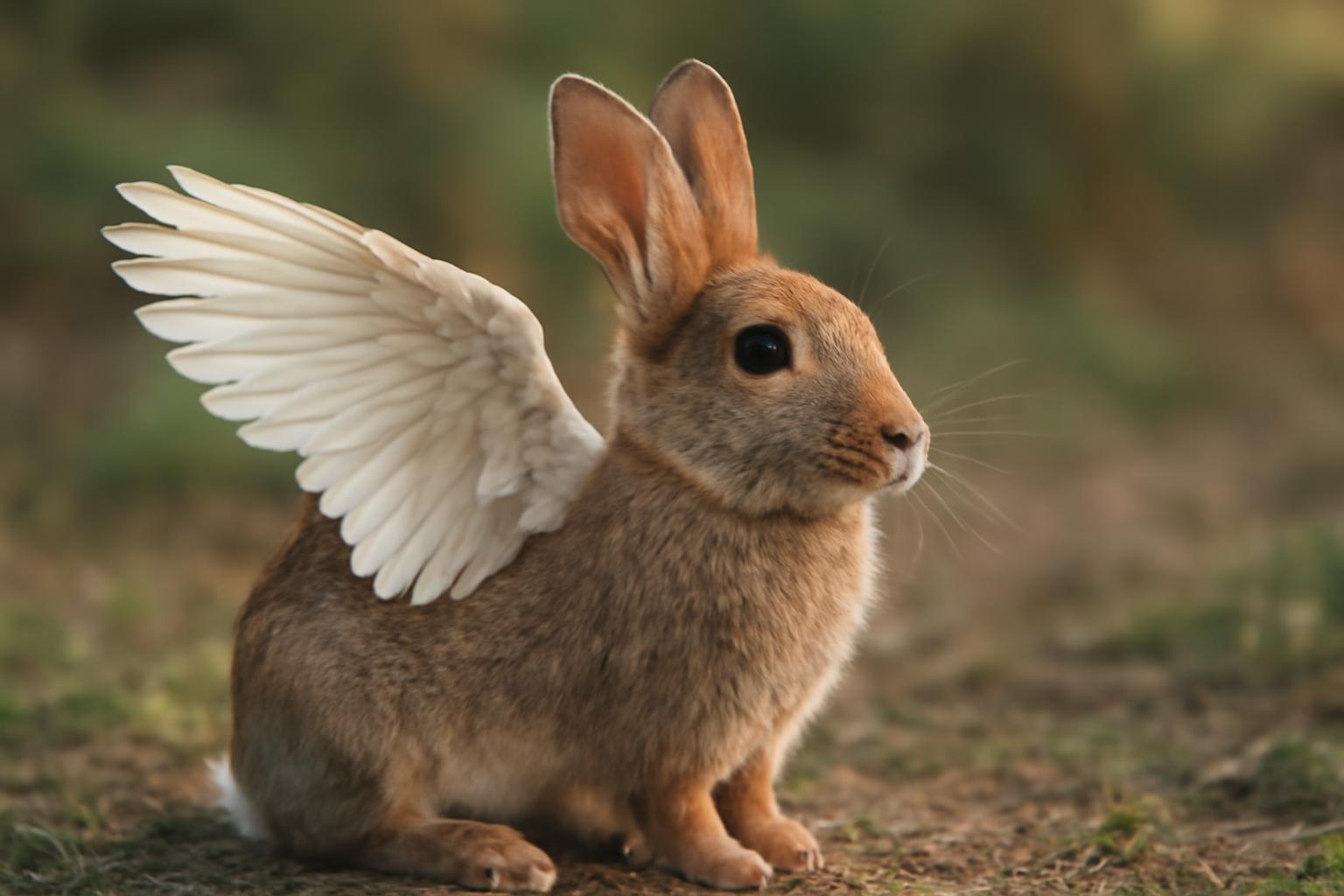 Egy nyuszi, aki szárnyakat kapott, ül a fűben, kíváncsian néz körül.