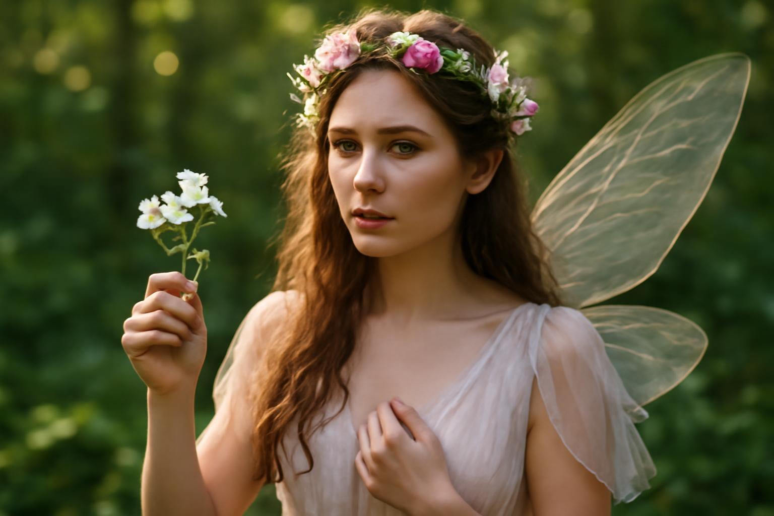 Egy virágtündér, aki egy virágot tart a kezében, az erdőben áll.