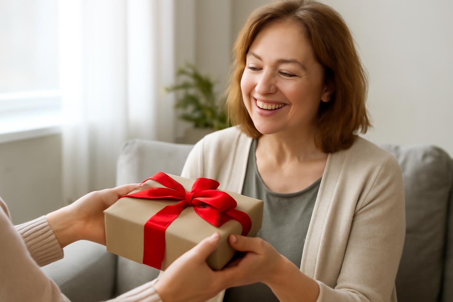 Egy nő boldogan fogad egy ajándékot, amelyet egy másik személy ad át neki.