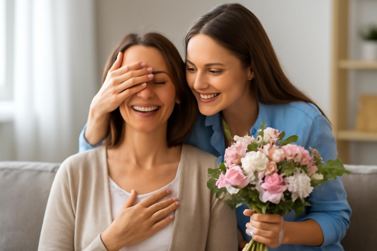 Egy fiatal nő meglepi édesanyját egy csokor virággal, miközben az anyja mosolyog.