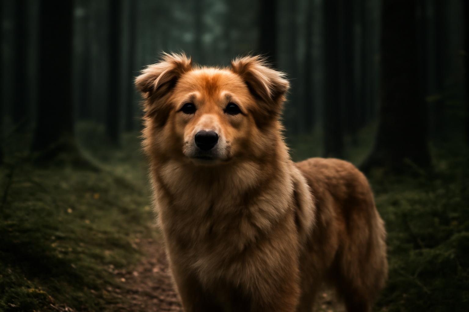 Bátor Bundás, a kiskutya, a sötét erdőben áll, kíváncsian néz körbe.