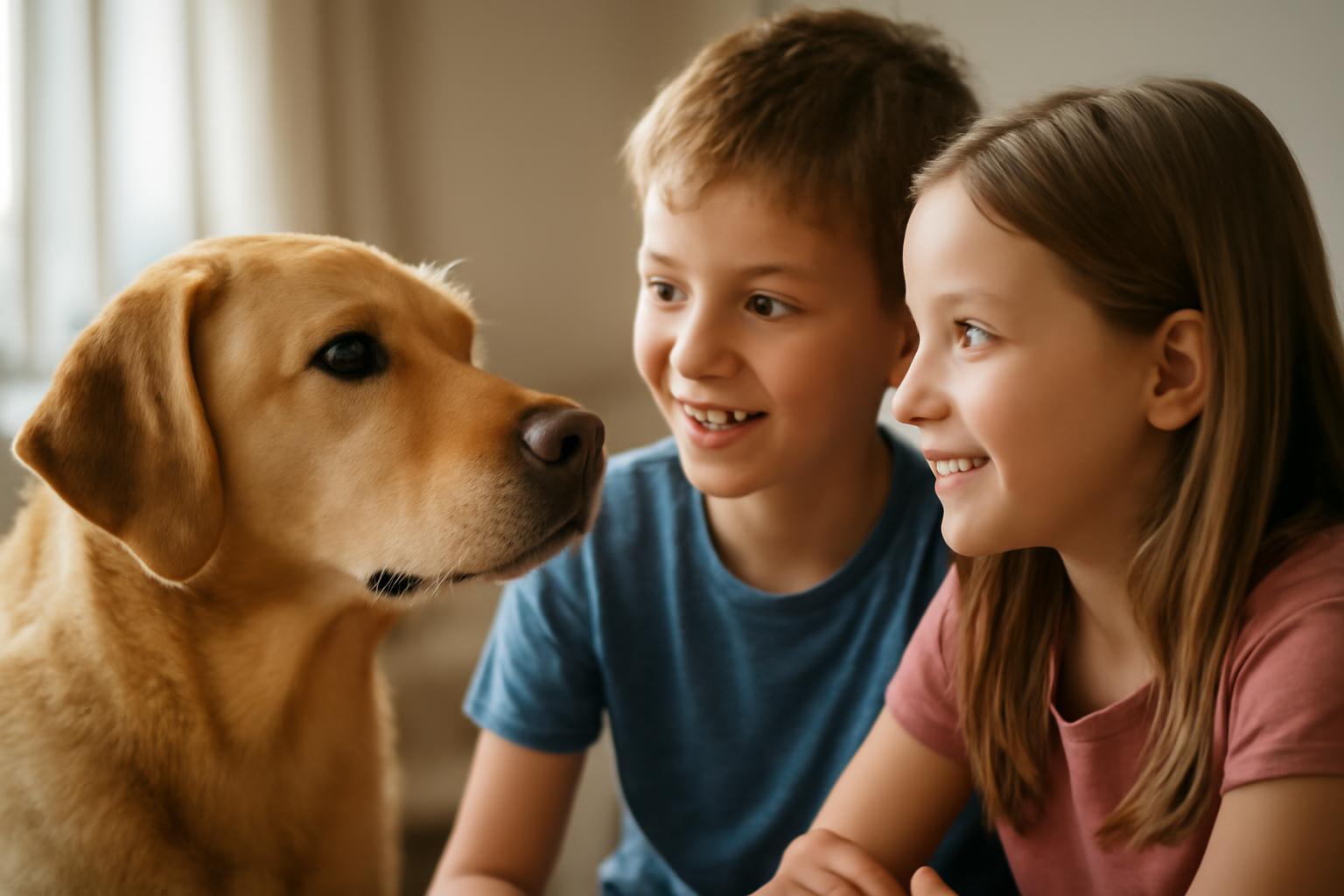 Két gyerek mosolyogva néz egy kutyát, aki bátorítja őket.