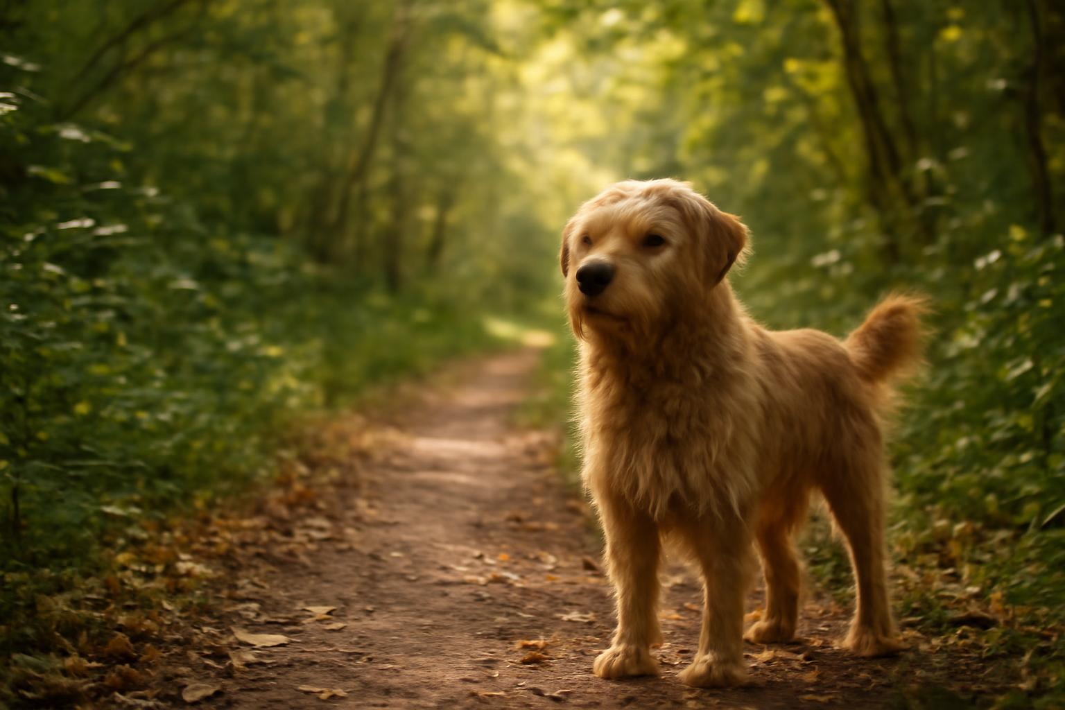 Bodri, a kíváncsi kutya, egy erdei ösvényen áll, körülötte zöld fák és bokrok.