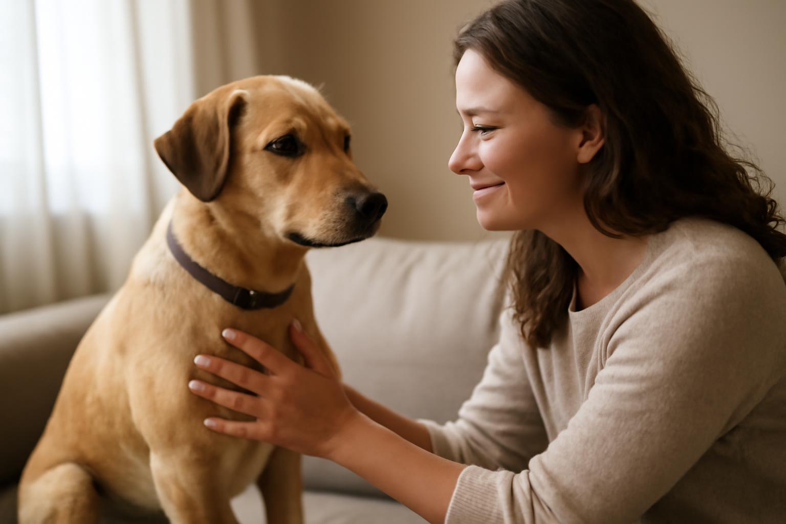 Egy nő és egy kutya barátságos pillantása, tele szeretettel és megértéssel.