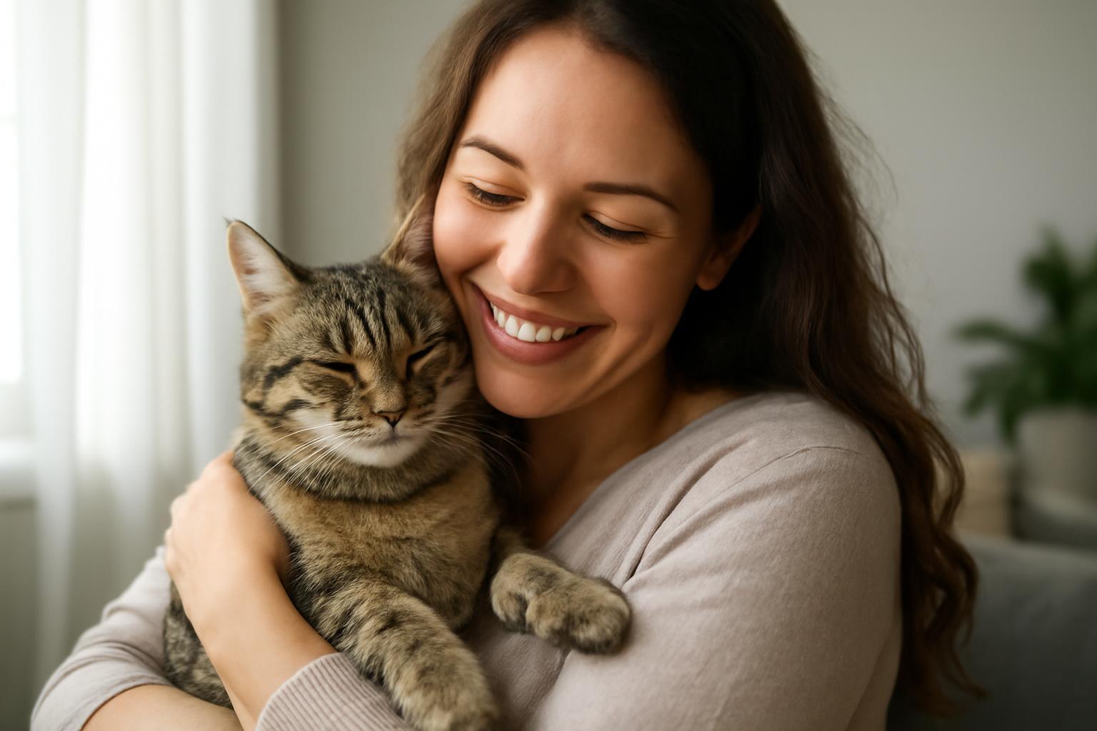 Egy nő boldogan öleli a cicáját, miközben a napfény átsüt a szobán.
