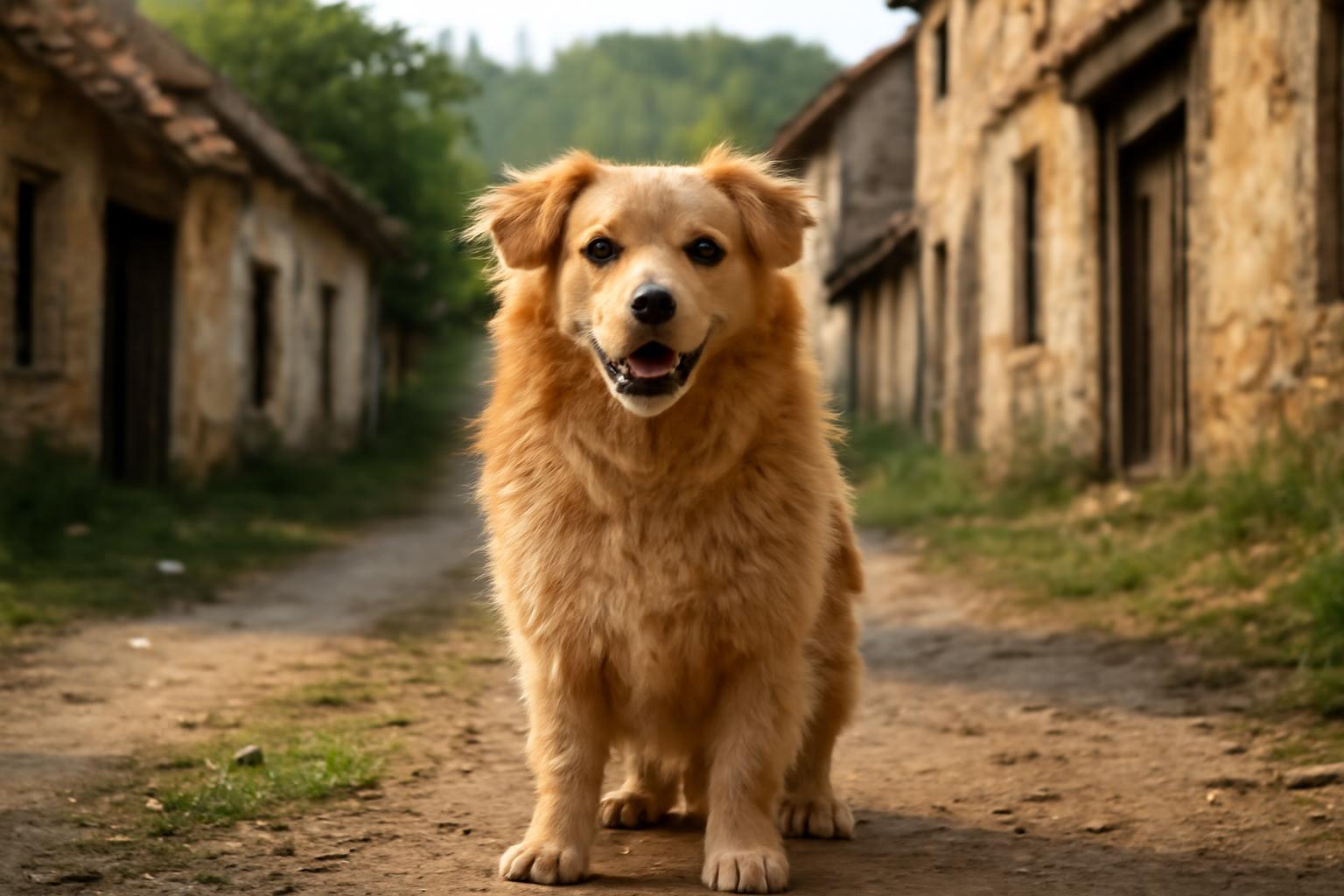 Egy bundás, barátságos kutya ül egy elhagyatott falu utcáján.