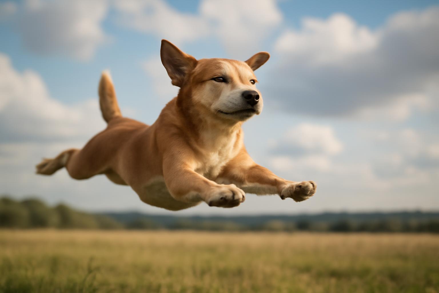 Egy boldog kutya ugrik a levegőben, mintha repülne a szabadban.