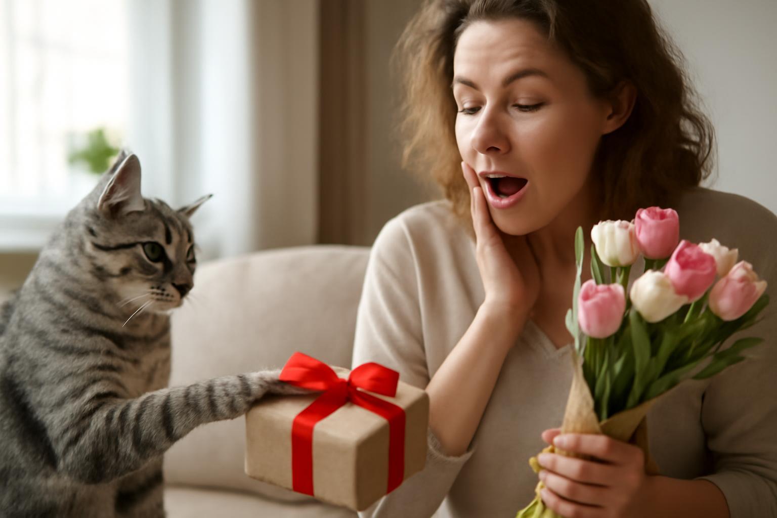 Egy nő meglepetten néz egy cica által hozott ajándékra és virágokra.