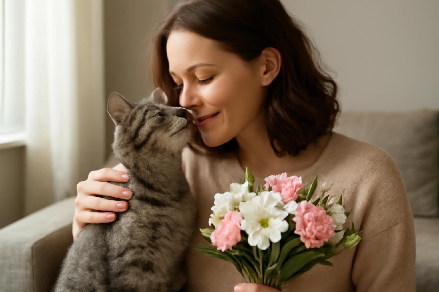 Egy nő és egy cica együtt ünneplik az anyák napját, virágokkal a kezében.