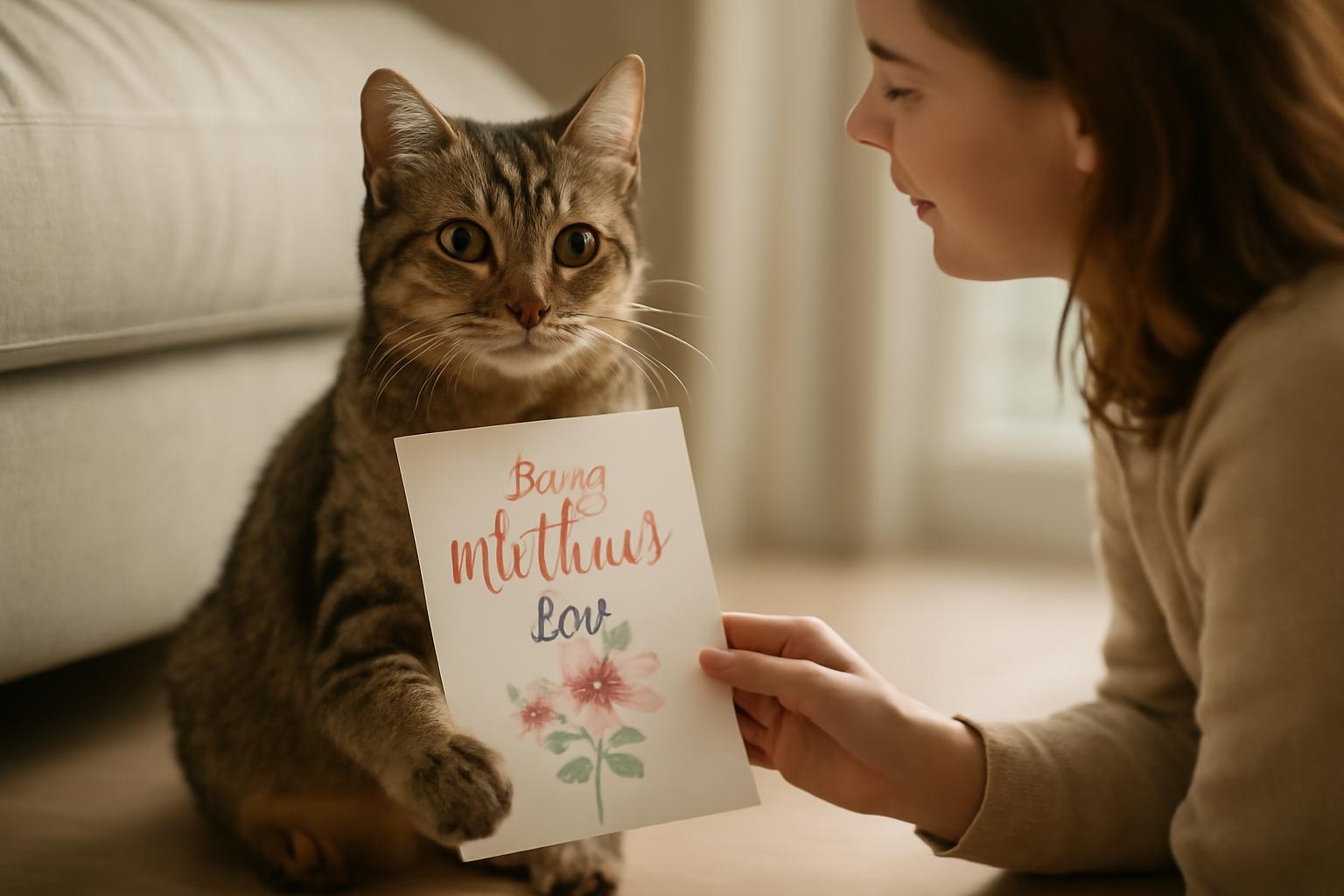 Egy cica ajándékot ad át gazdájának, miközben a nő mosolyog.