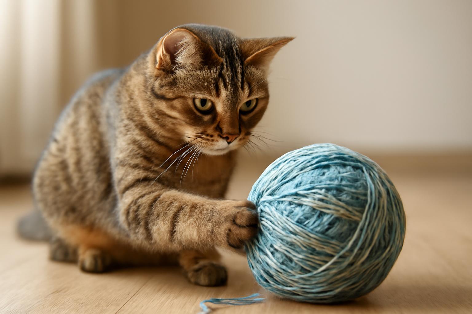 Cirmi, a kiscica, izgatottan játszik egy csillogó fonalgombolyaggal.