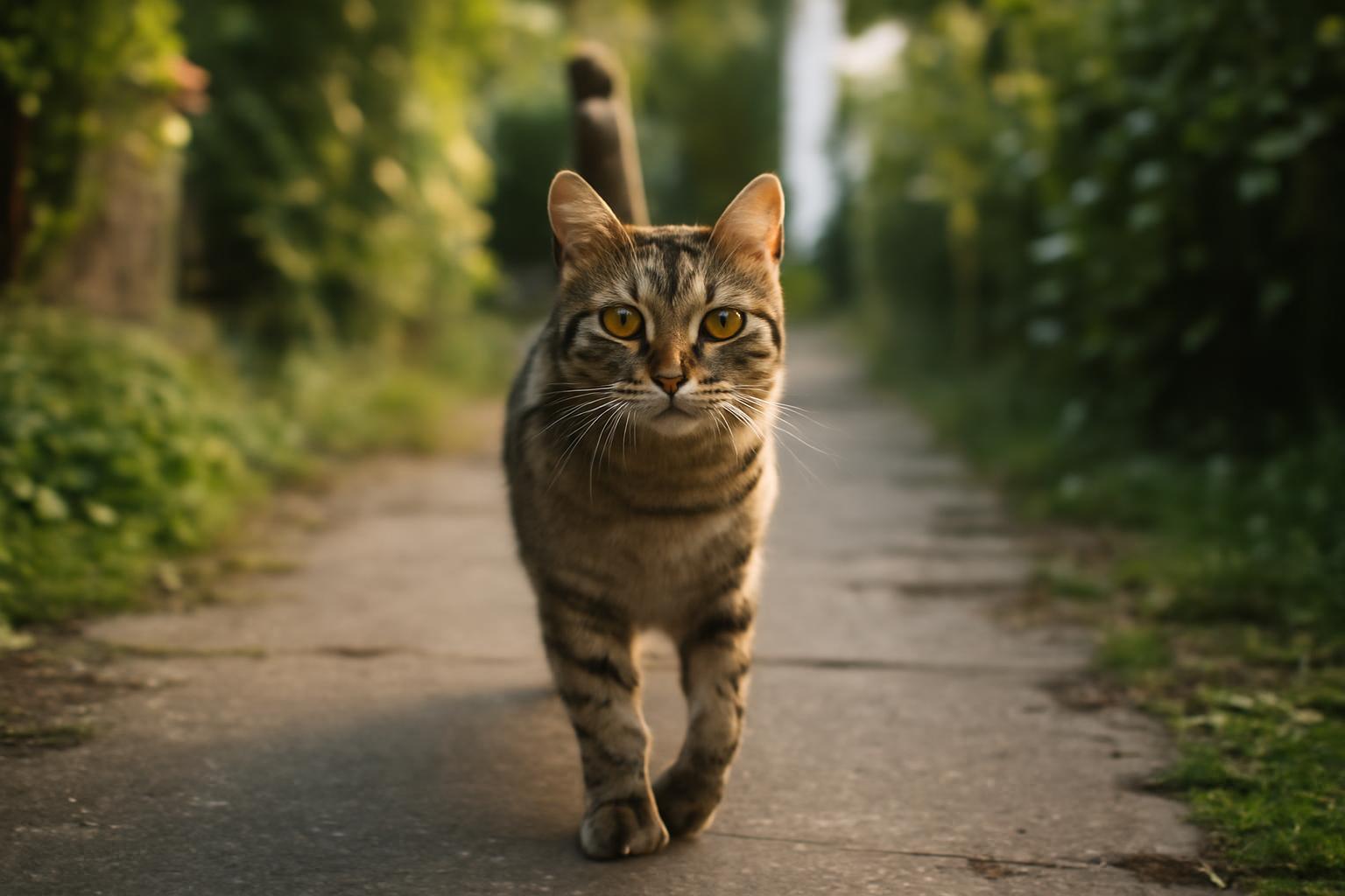 Cirmos, a kíváncsi macska, a zöldellő ösvényen sétál, hűségesen hazafelé tart.