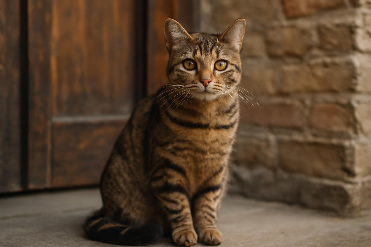 Cirmos, a cica kíváncsian ül egy ajtó előtt, felfedezésre várva.