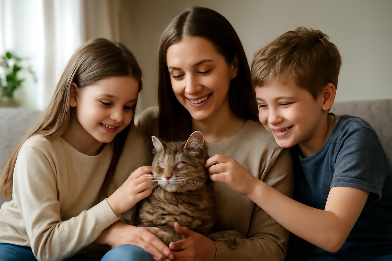 Egy édes család, anya és két gyermek, boldogan simogatják a doromboló cicát.