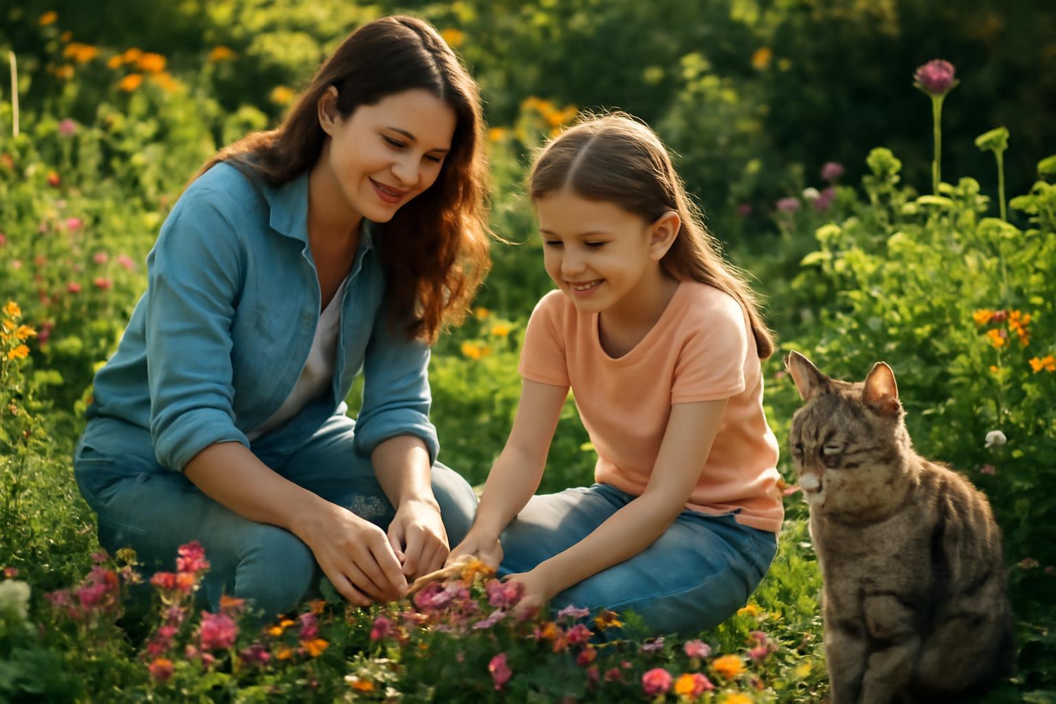 Egy anya és lánya virágokat szednek a csodakertben, mellettük egy cica ül.