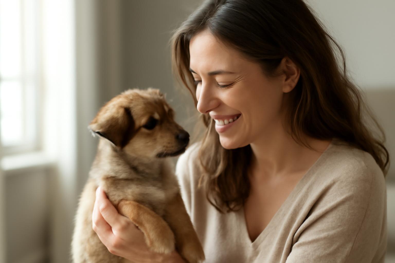 Egy nő boldogan tart a karjában egy apró kutyát, mosolyogva néznek egymásra.
