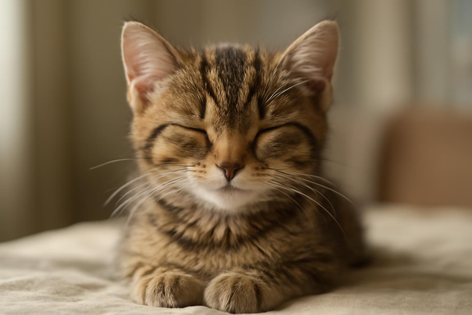 Egy cuki, fehér cirmos cica pihen, szemét lehunyva, békésen fekszik.