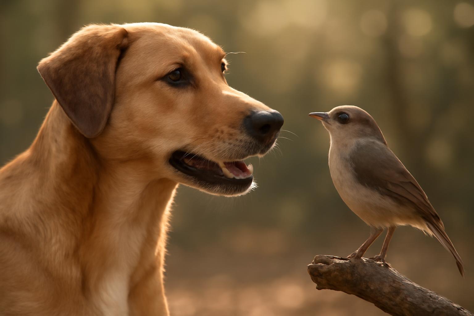 Egy kutya és egy madár barátságos beszélgetése egy erdőben.
