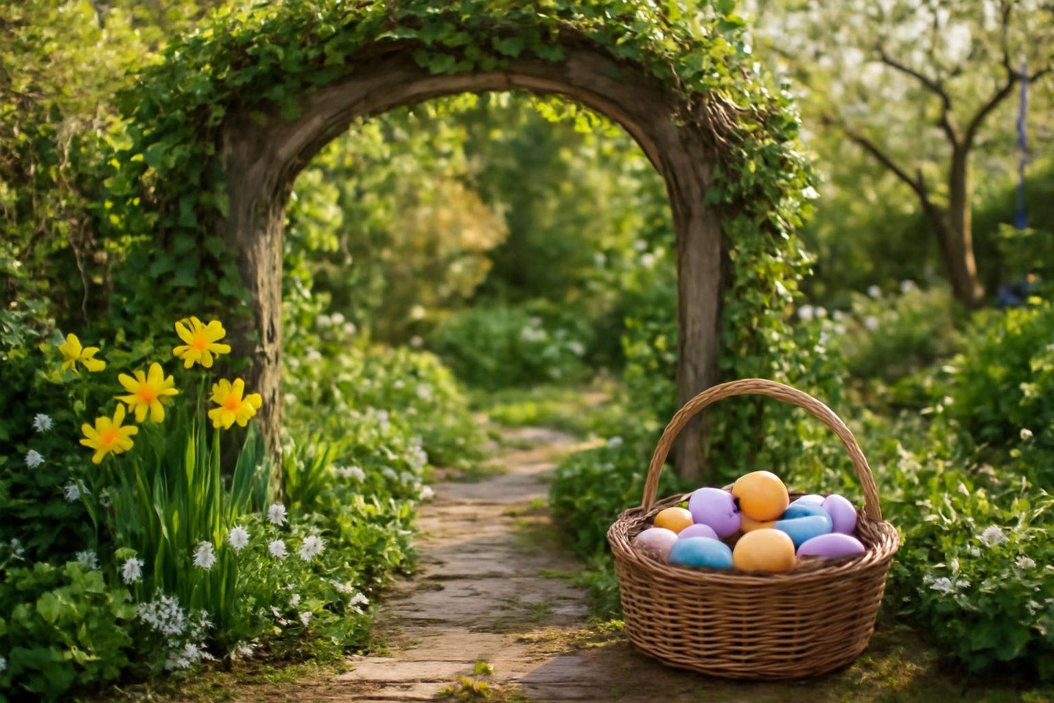 Virágokkal teli titkos kert, egy fonott kosár húsvéti tojásokkal az ösvény mellett.