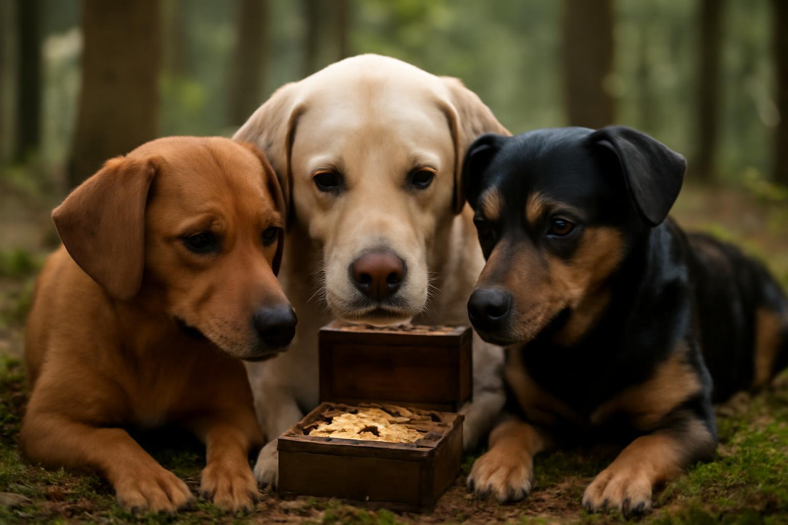 Három kutya ül egy erdőben, egy kincsesládát nézve.