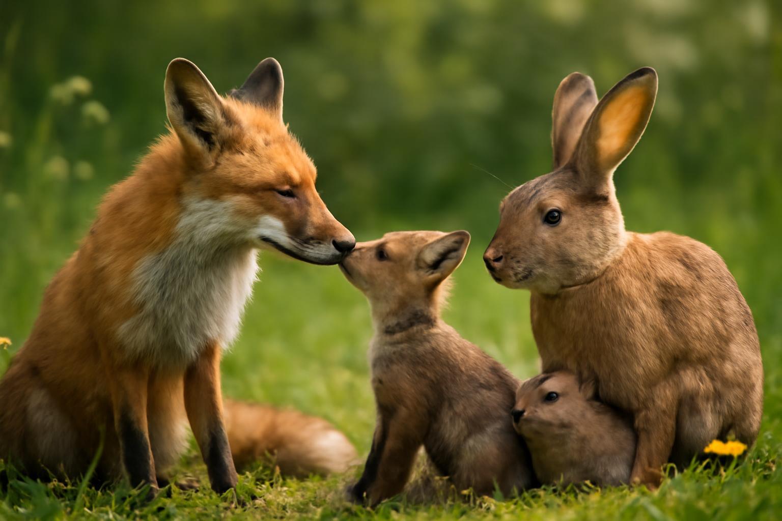 Egy róka és nyulak együtt ünneplik az anyák napját a zöld fűben.