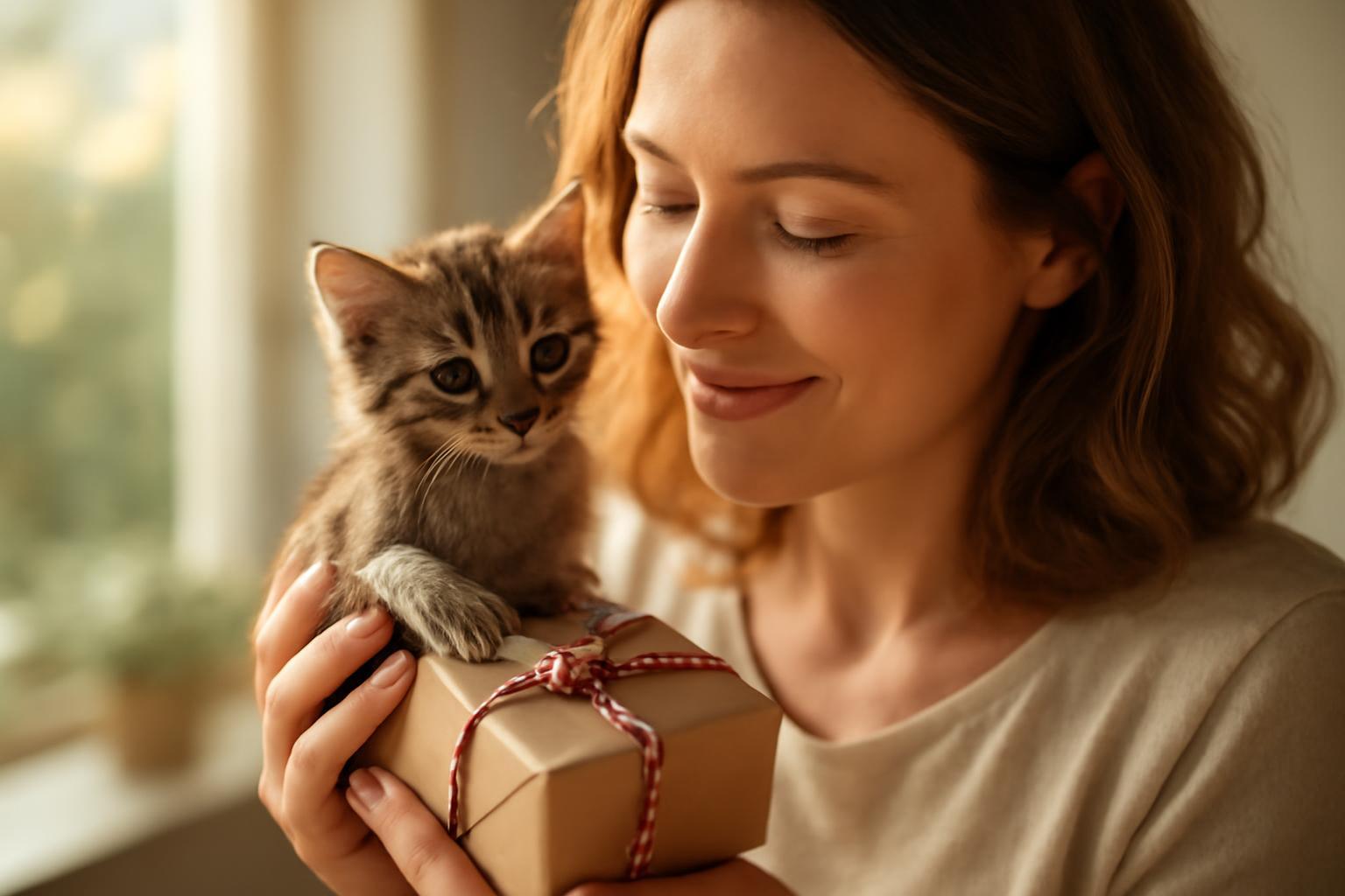 Egy nő mosolyogva tart a kezében egy kis cicát és egy ajándékot.