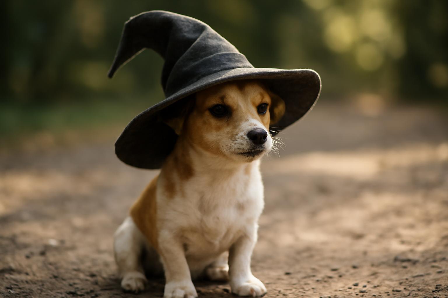 Egy kis kutya varázsló kalapban ül egy erdei úton, kíváncsian néz.