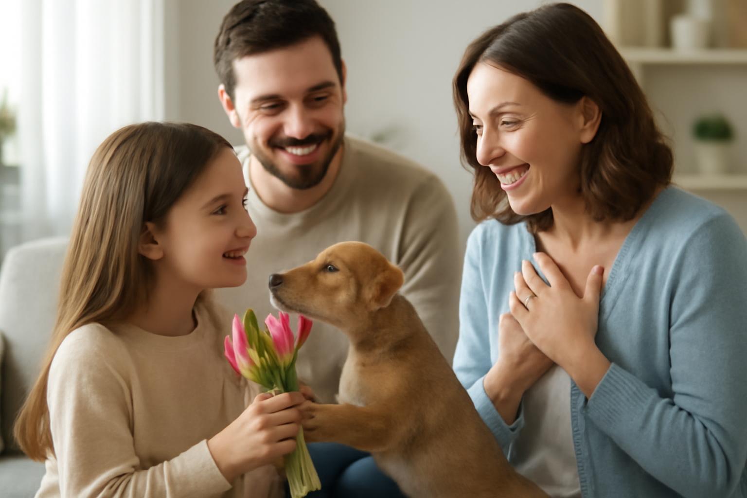 Egy kis kutya virágot hoz egy mosolygó családnak az anyák napján.