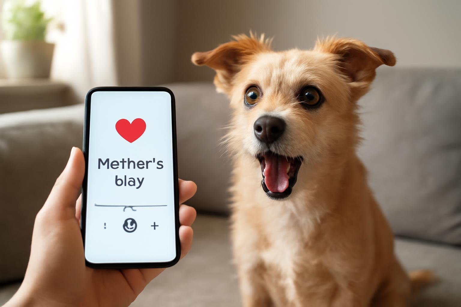 Egy boldog kutya ül a kanapén, gazdája telefonján anyák napi dalt mutatva.