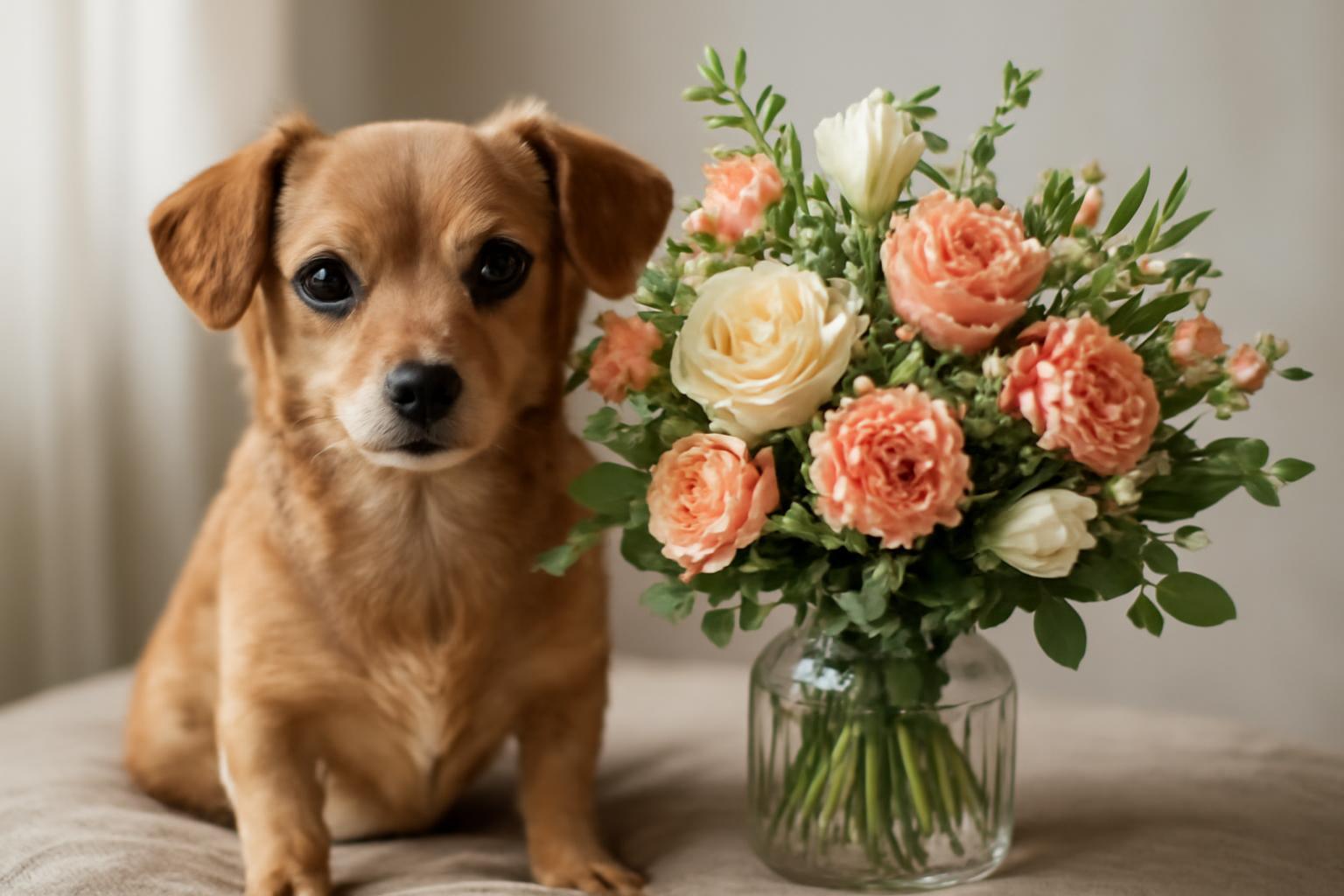 Egy kis kutya ül egy párnán, mellette egy színes virágcsokor.