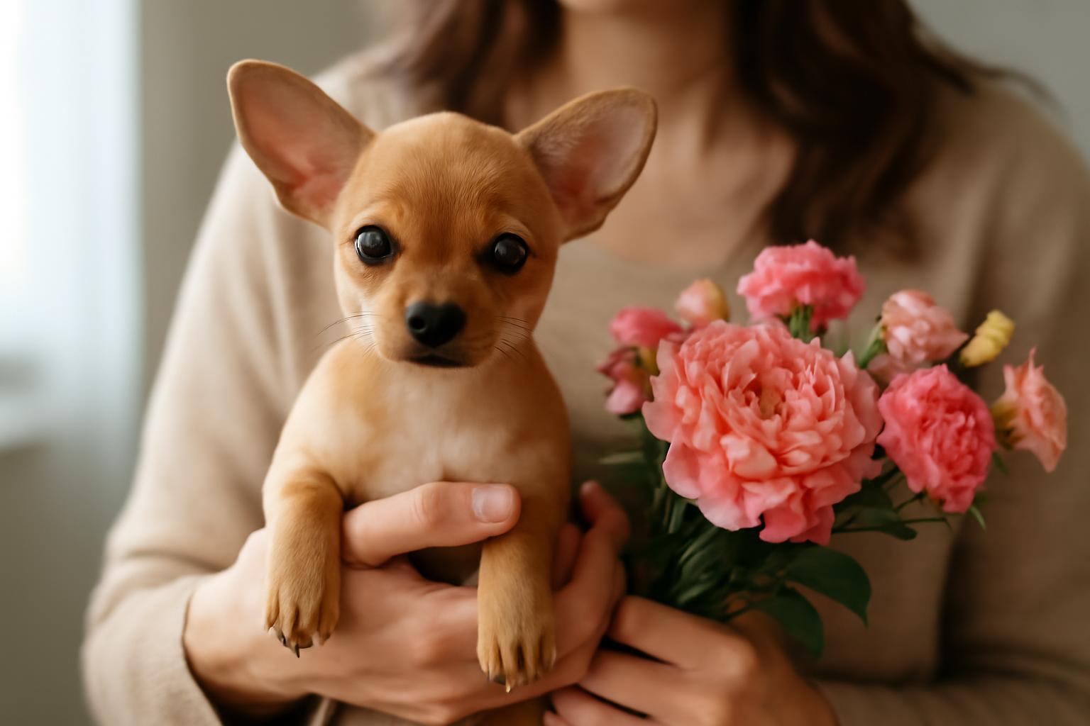 Egy kis kutya a gazdája karjában, virágcsokorral a másik kezében.