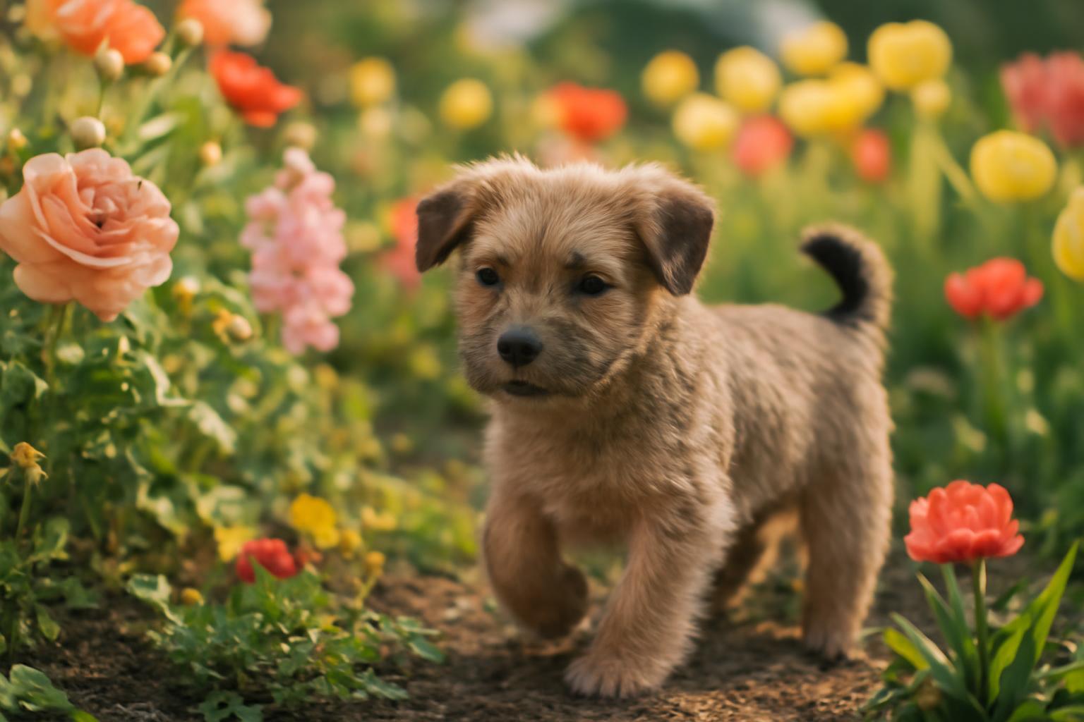 Egy kis kutya felfedezi a virágos kert színes virágait.