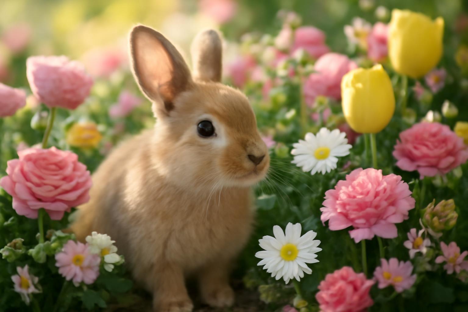 A kis nyuszi csodás kalandja az anyák napi virágok között