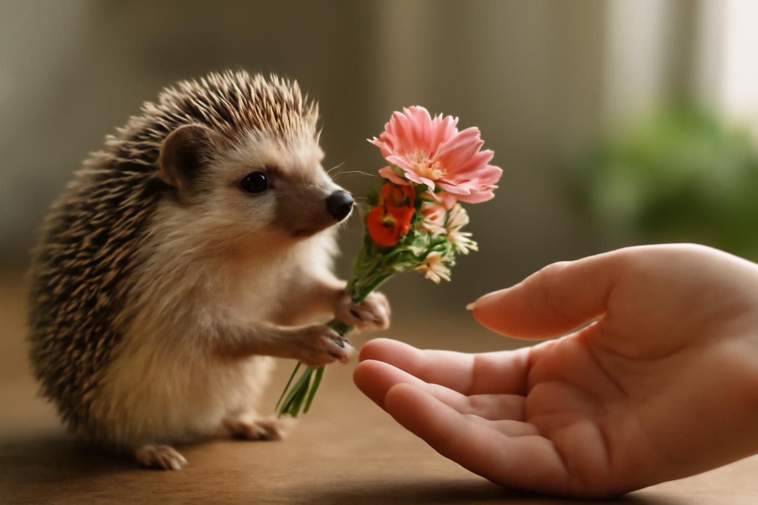 Egy kis sün virágcsokrot tart a kezében, miközben egy kéz nyúlik felé.