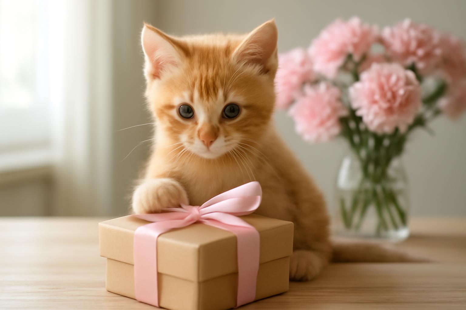 Egy kiscica egy ajándékdoboz mellett ül, rózsaszín masnival díszítve.
